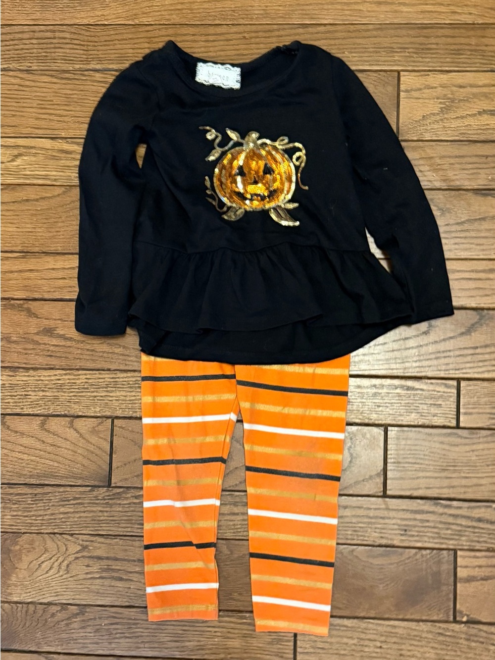 btween Black Peplum Halloween Top w/Gold Sequin Pumpkin & Orange Stripe Leggings